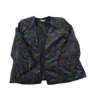 Vintage‎ Tan Jay Women Black Paisley Cotton Open Front Blazer Jacket Size 16